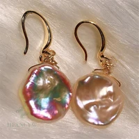 14 15mm color baroque pearl earring 18k gold ear drop dangle accessories irregular natural aaa aurora cultured women real
