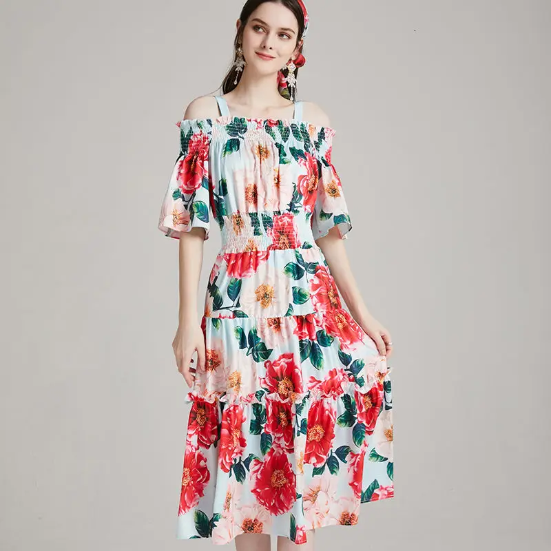 

2021 Runway Summer Floral Print Dress Women's Ruffles Spaghetti Straps Bohemian Sundress Elastic Waist Off Shoulder Beach Dress