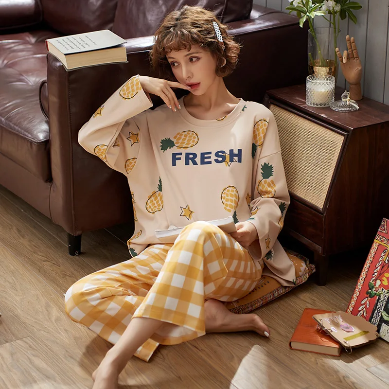 

Autumn Cotton Cartoon Pajamas Set Women Pyjamas Sleepwear Loose Long sleeve Home Clothes Long Pants Night suit