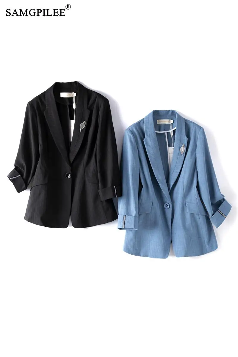 

Summer Jackets For Women 2021 New Korean Style Nylon Cotton Female One Button Three Quarter Sleeve Thin Plus Size Suit Female