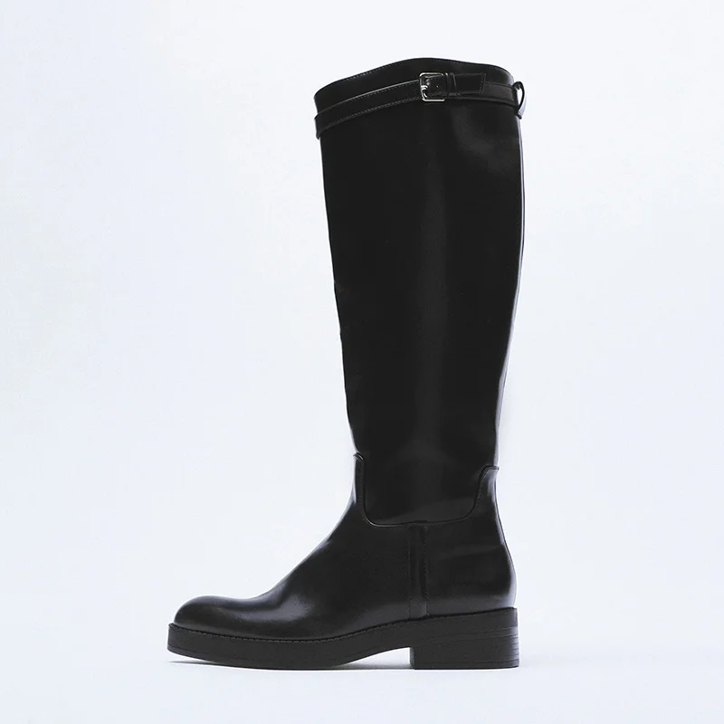 

Femininas Botas Winter Riding Knight Women Black Belt Buckle Handsome Flat With Knee High Boot Shoes Woman Long Boots