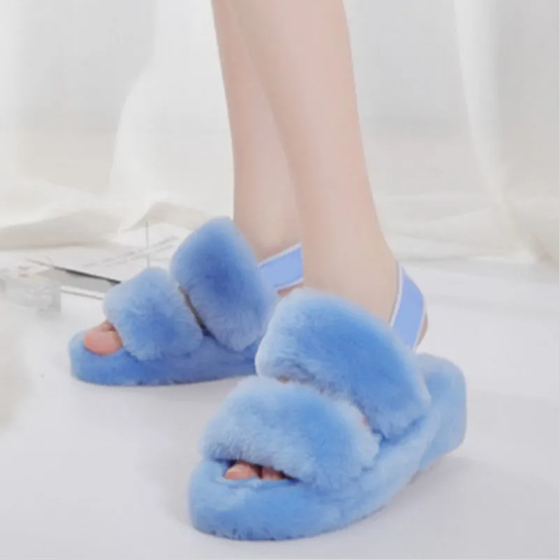 

100% Natural Wool Slippers Luxury Designer Brand Women Plush Slides 2021 Winter Fashion Warm Outdoor Sandals Indoor Home Shoes