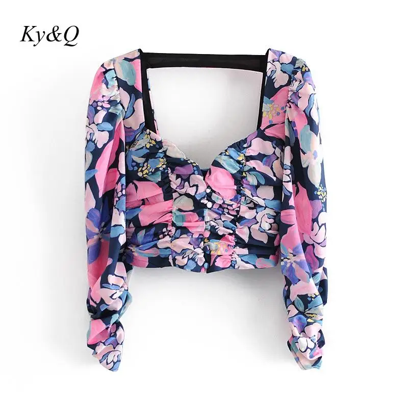 

2021 Early Spring Runway New Square Collar Floral Shirt Fashion Gentle Temperament Flower V-Neck T-Shirt Party Blouse Tops