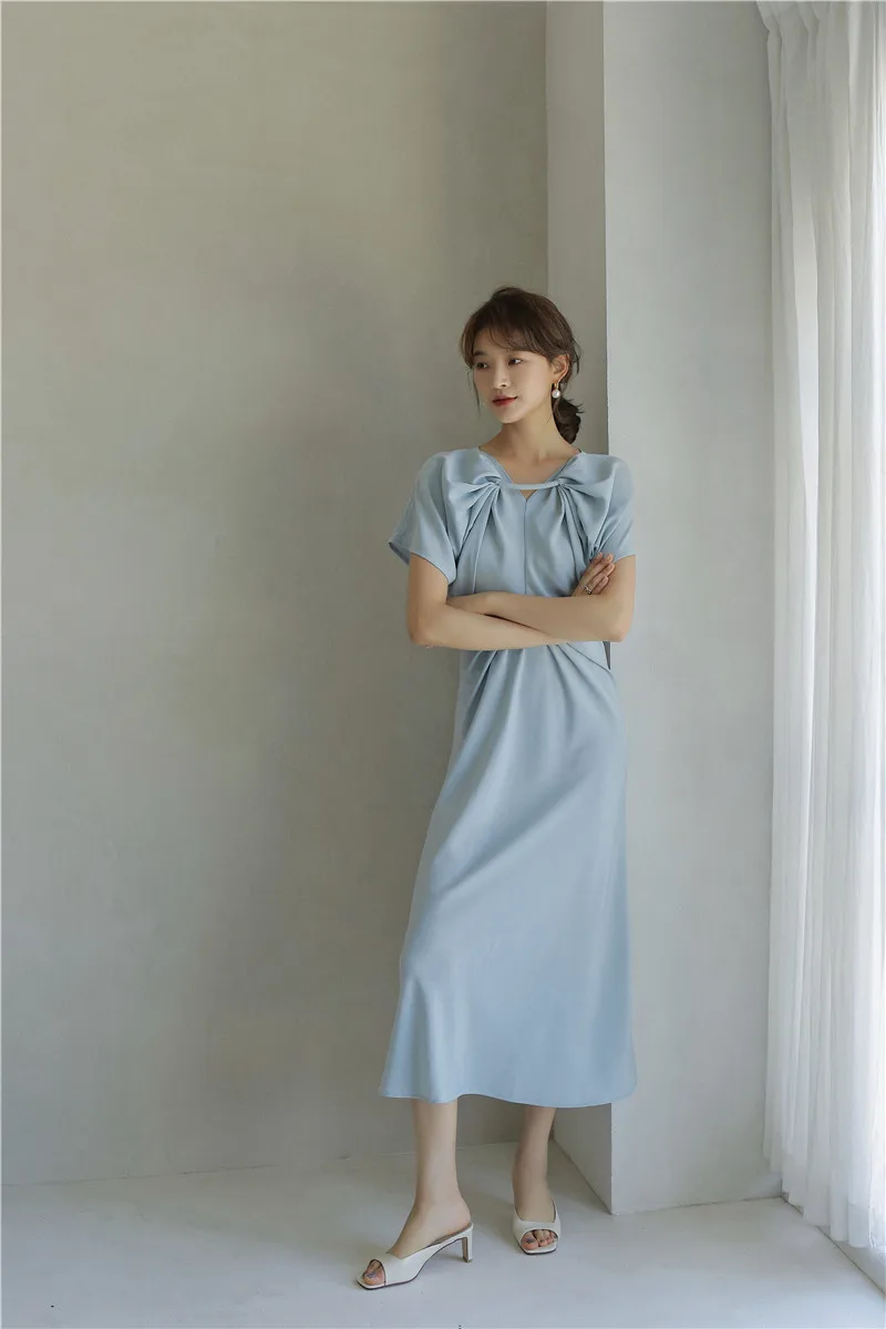 

V-neck Drape Straight Pleated Long Style Even Party 2020 Sky Blue Personalized Dress Simple Neckline Twisted Ring
