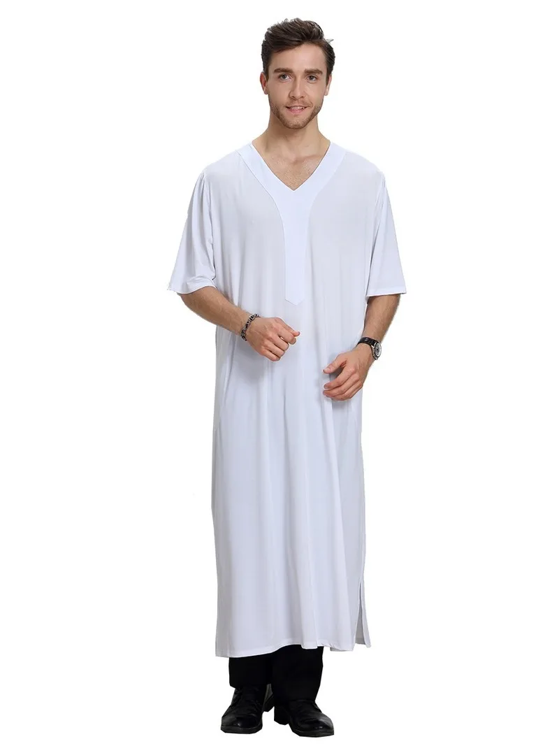 Casual Islamic Men's Clothing Abaya Robe Muslim Jubba Thobe Short Sleeve Loose Shirt Jilbab Moslem Middle East Kaftan Dubai Arab