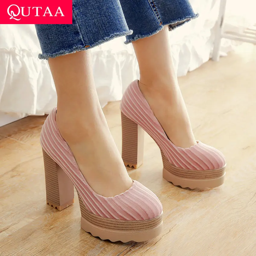 Женские туфли-лодочки без застежки QUTAA черные туфли на платформе с круглым носком