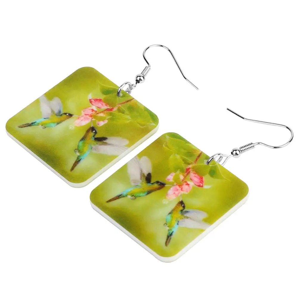 акриловые квадратные зеленые серьги Колибри цветок Большая Птица Животное