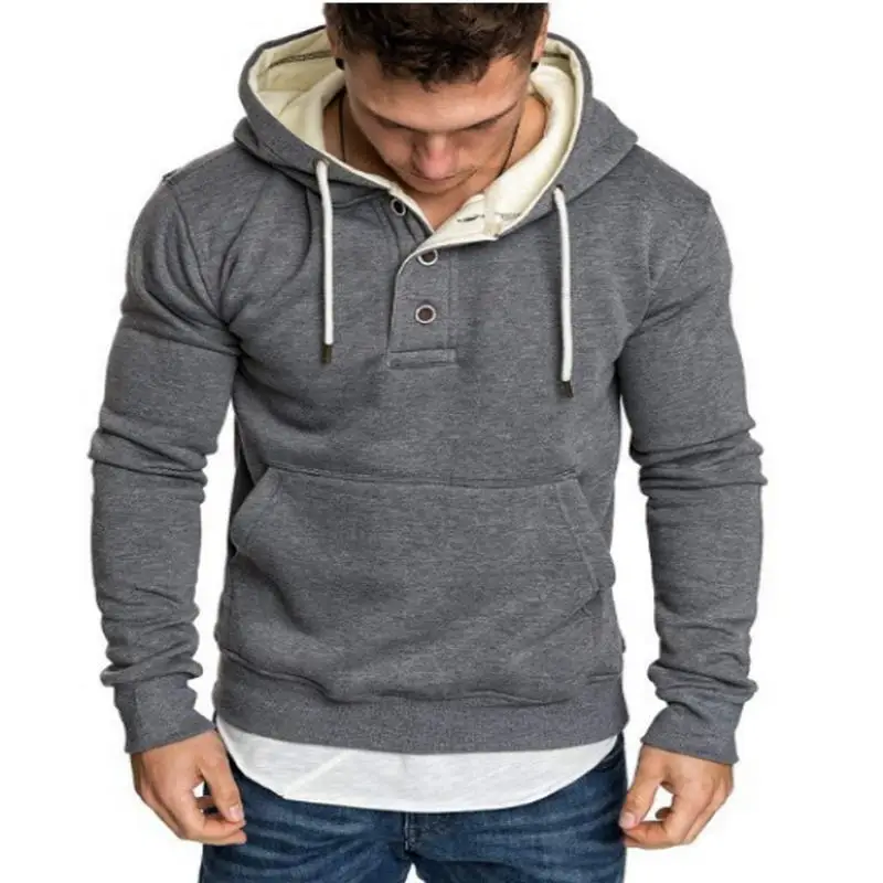 

2021 Spring And Autumn New Solid Color Hoodie Men's Simple Casual Sports Pullover Neckline Button Decoration Hooded Fleece Sweat