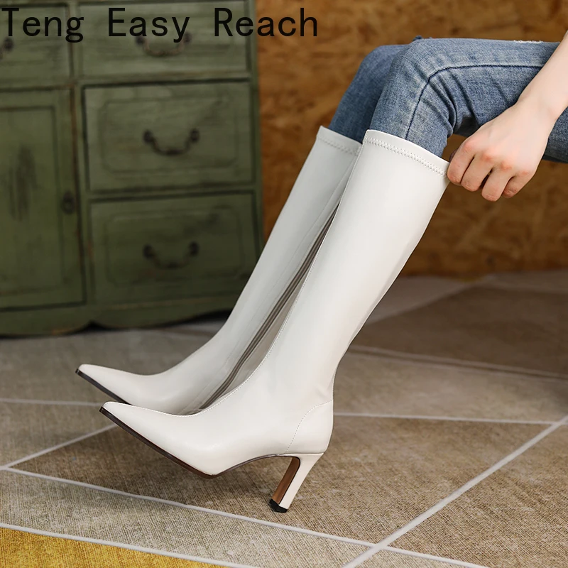 

Женские сапоги до колена из искусственной кожи, с острым носком, на тонком каблуке, без застежки, для вечерние НКИ, клуба, зимняя женская обувь на шпильке, Botas Mujer 43