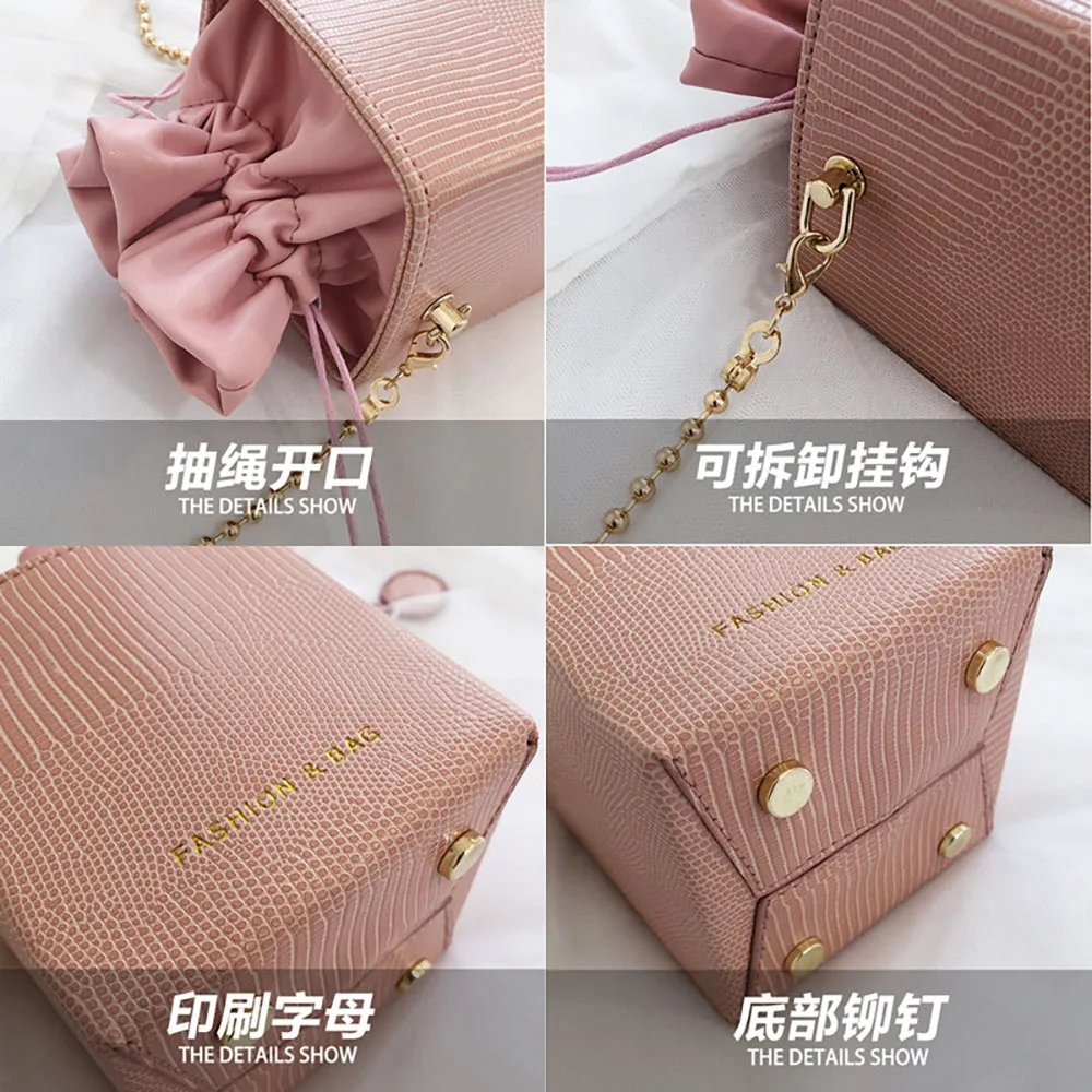 

Pure Color Snakeskin Pattern Women Fashion Square Shoulder Bag Mini Square Serpentine Bucket Chain Sling Bag MB758