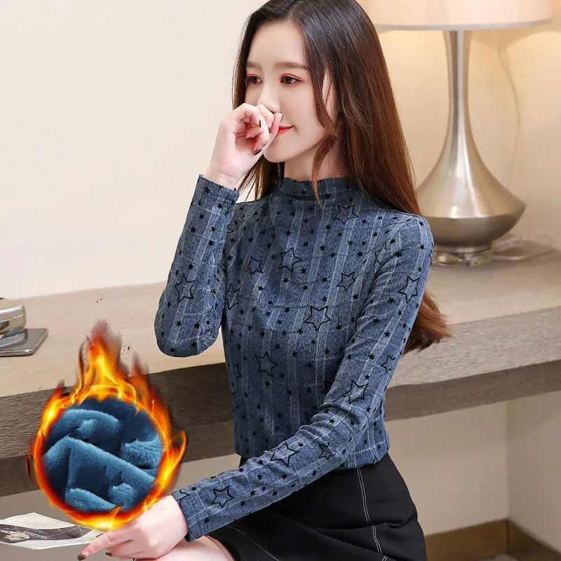 

2021 New Women T Shirt Warm Pullovers Tops Winter Warm Round Neck Long Sleeve Tshirt Slim Diamond Bottoming Slim T-shirt Y26