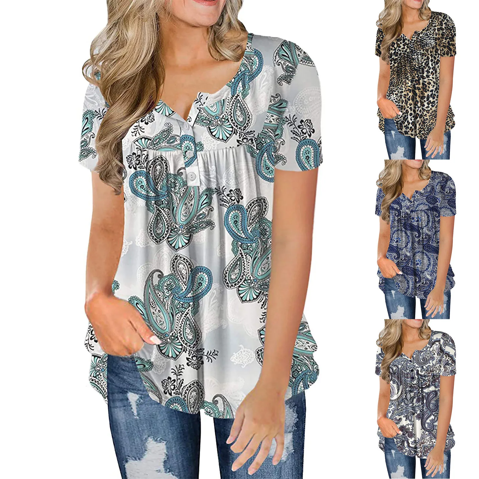 

Fashion Women Sexy V-neck Printed Blouse Summer Ladies Short Sleeve Casual Button Pullover Boho Beach shirt Vintage Daily Tops
