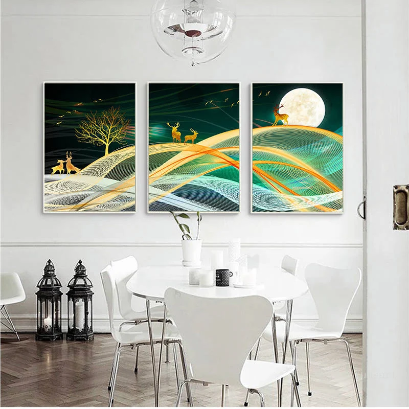 Nordic Стиль задний фон луна ночь олень плакат золотой ткани Wall Art холст картины