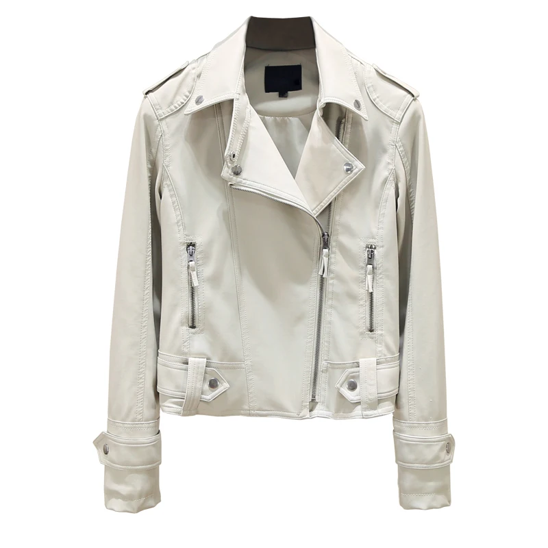 Весна Осень 2020 новые кожаные куртки с отворотом женская короткая мотоциклетная