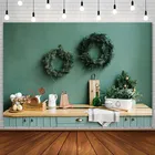 Фон для фотосъемки с изображением рождественской елки кухни венка колокольчика посуды зеленый семейный портрет фотостудия декор для фотозоны