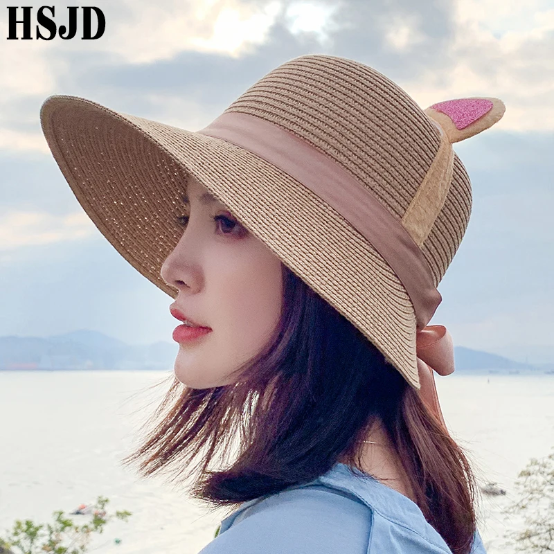 Пляжная соломенная шляпа с большими широкими полями и милыми кошачьими ушками