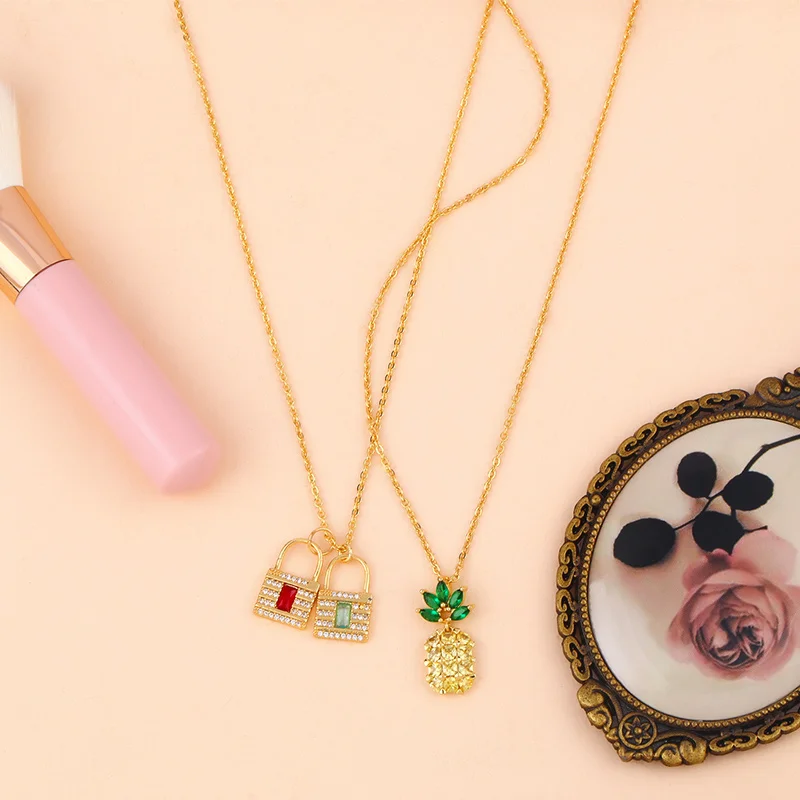 CZ Multi Layer Lock Pendants Necklaces For Women With Stone Gold Crystal Pineapple Zirconia Jewelry nkeq23 | Украшения и