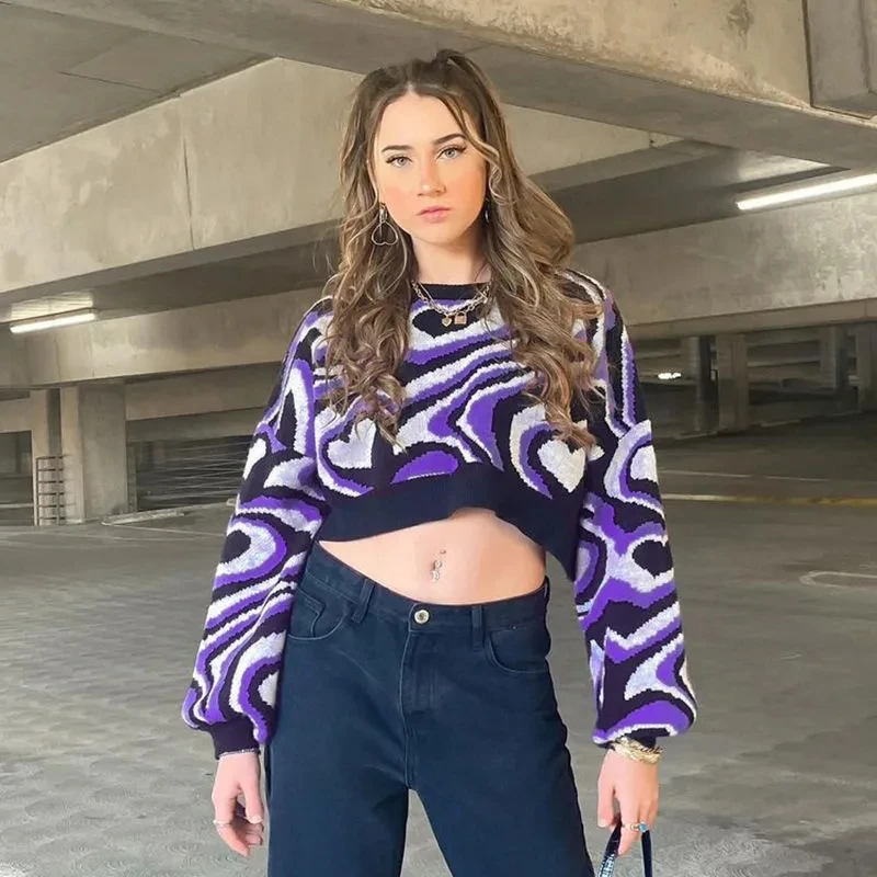 

Zadily Women 2021 Fashion Jacquard Print Loose Crop Knit Sweater Vintage O Neck Long Sleeve Female Pullovers Chic Tops