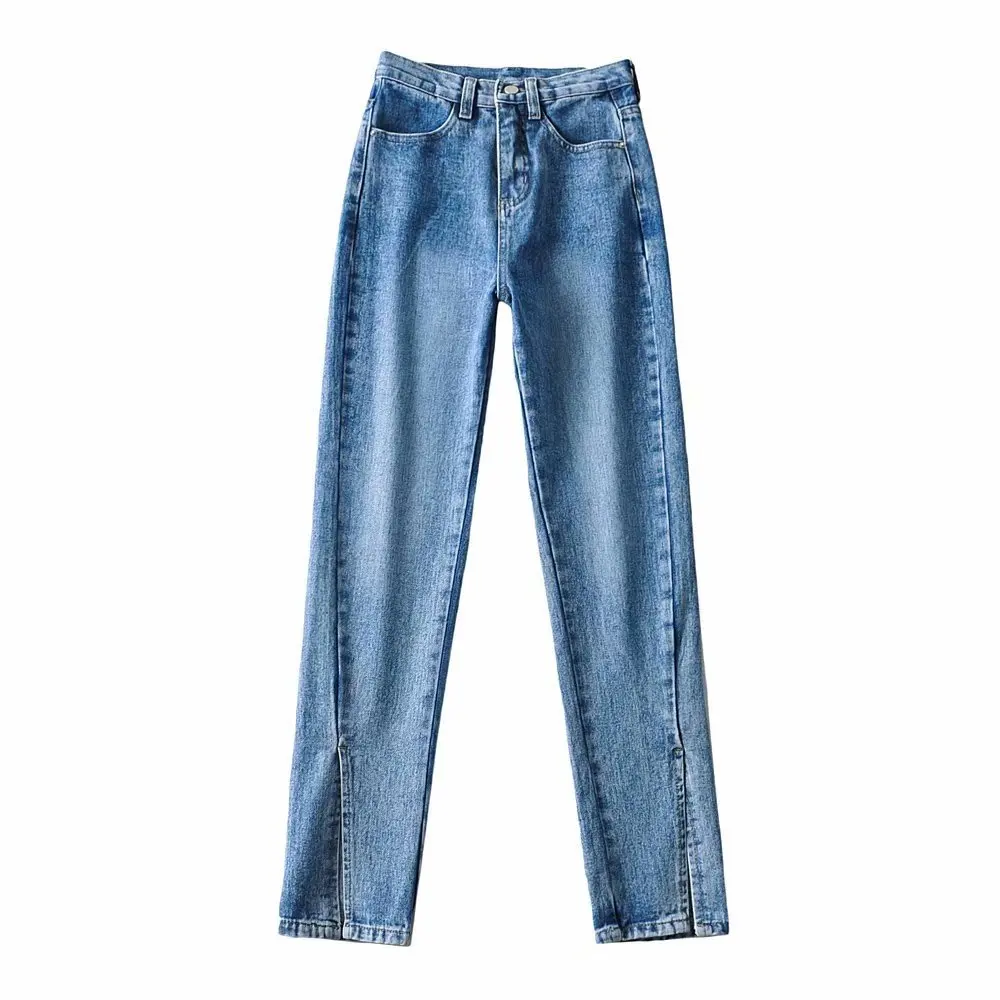 

2021 New Korean Style Fashionable High Street Mop Jeans Spring New High Waist Ankle Split Straight Pants