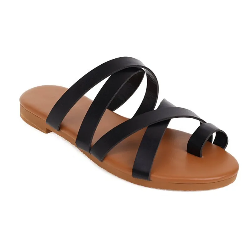 

2021 Summer Thong Women Slippers Black Leather Cross-tied Flip-flops Sandals Flat Heel Outside Casual Female Beach Shoes