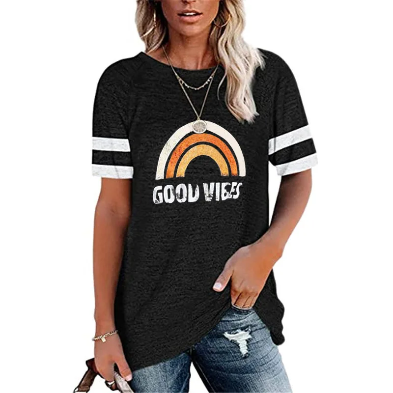 

New Women's 2021 Summer Round Neck Color Matching Printing Short Sleeve Loose Top T-shirt