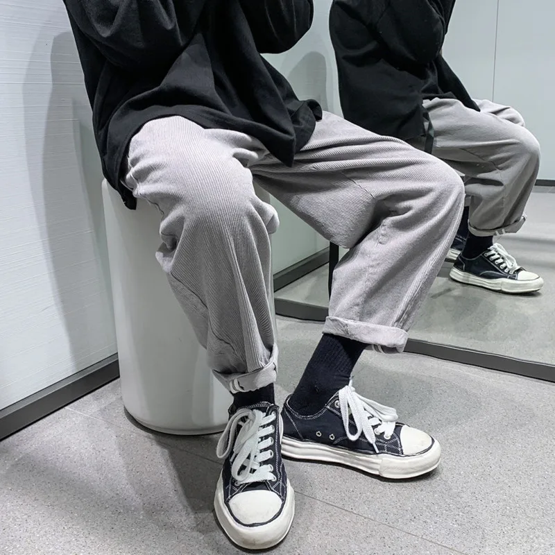 

Spring Belt Corduroy Pants Men's Fashion Retro Casual Pants Men Streetear Korean Loose Straight Wide Leg Pants Mens Trousers