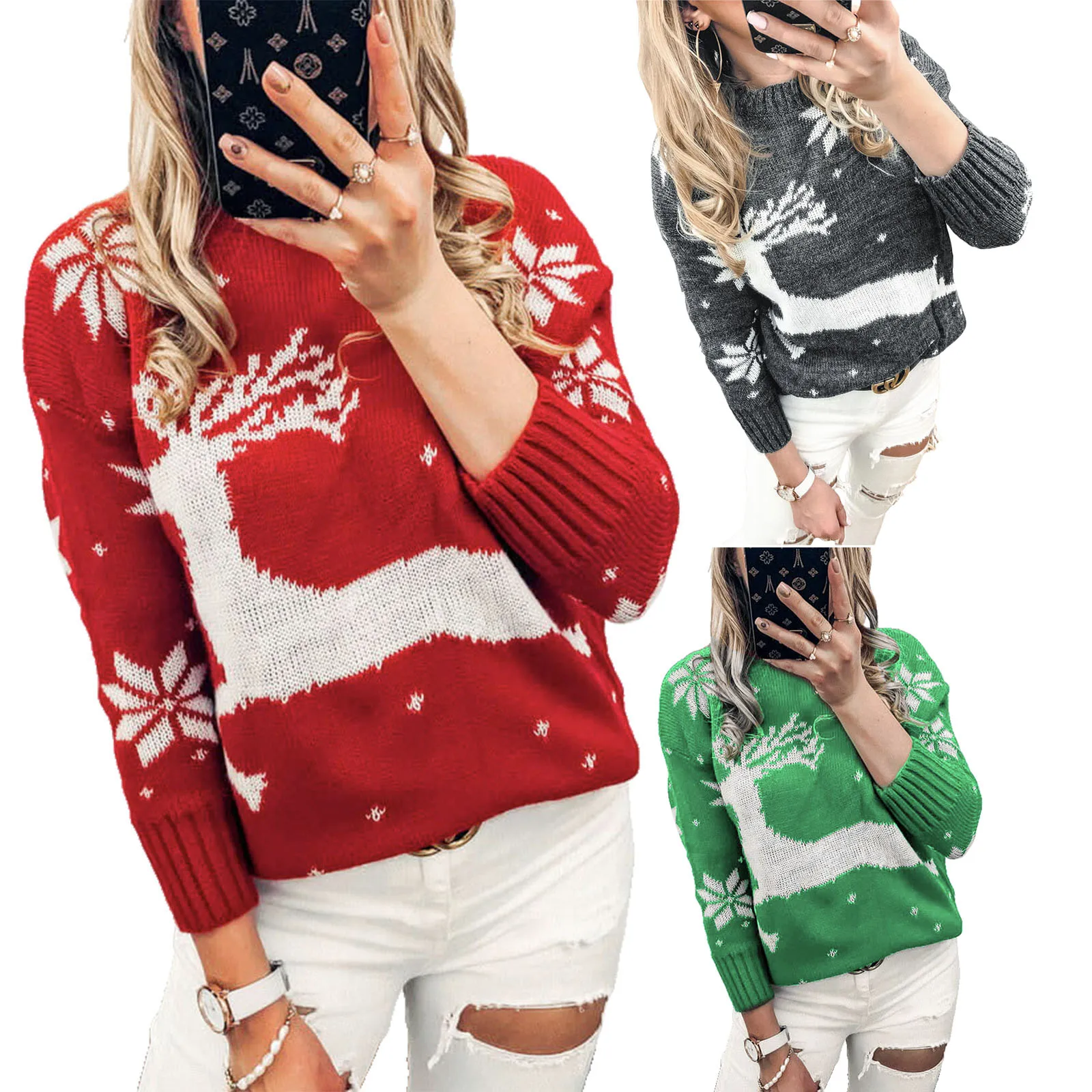 

Christmas Sweaters Pullovers Women Deer Snowflakes Print Cotton Acrylic Jumpers Plus Size Long Sleeve Winter Xmas Clothes