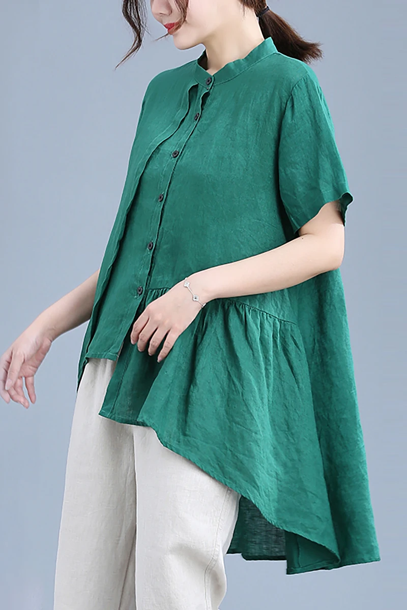 

LZMONE Cotton And Hemp Shirt Women's Summer 2021 New Large Art Hem Front Short Back Long Sleeve Stand Collar Shirt