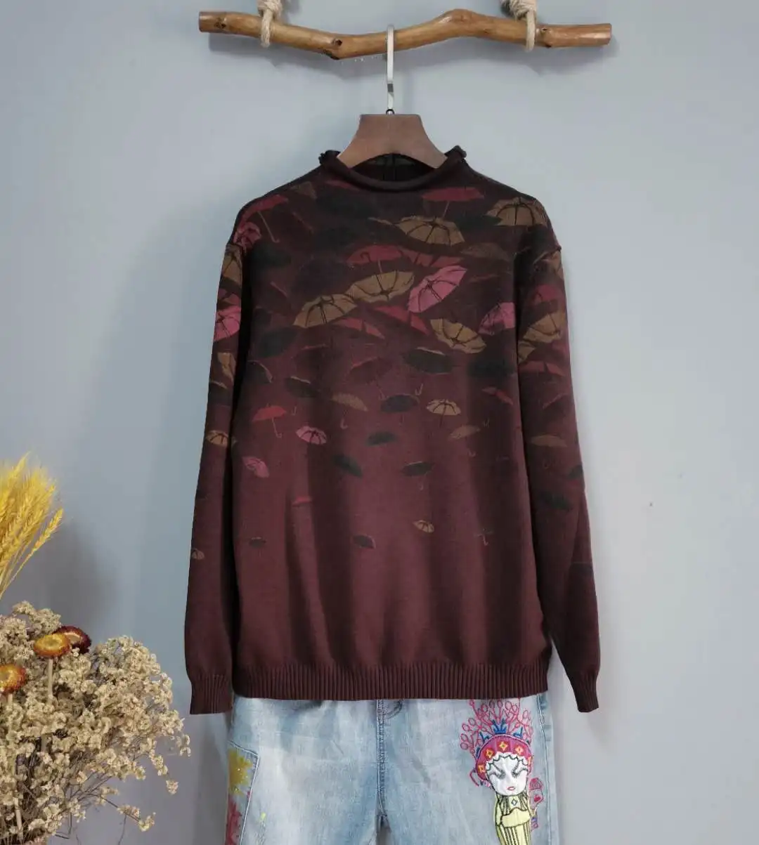 

Fashionable autumn and winter new artistic knitting long sleeve loose printed Pullover Sweater