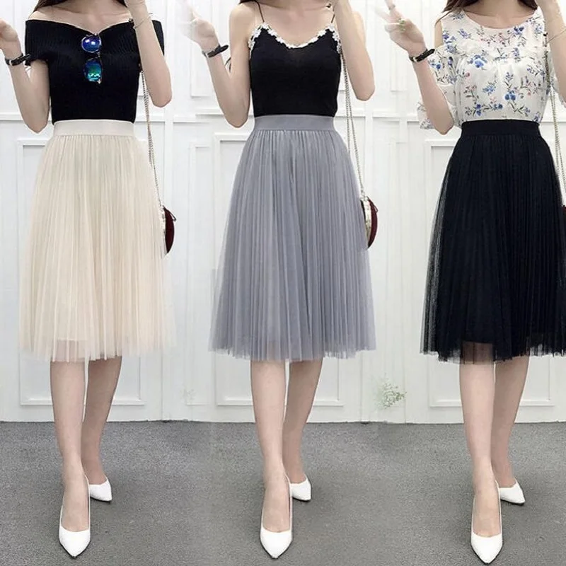 

Ladies Vintage Summer Skirts Womens Casual High Waist Elastic Elegant Sexy Midi Pleated Mesh Tutu Skirt Women Tulle Skirt Female
