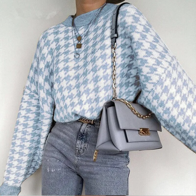 

Women's Sweater 2021 Autumn Winter New Knitted Houndstooth Lady Pullover Girls Soft Casual Jumper Female Knitwear
