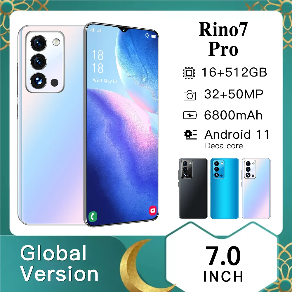 

2021 New Arrival 5G Rino7 Pro 7.0" 6800mAh 16GB+512GB Android 11 Dual SIM+SD Qualcomm888 Face Unlock 32+50MP Global Smartphones