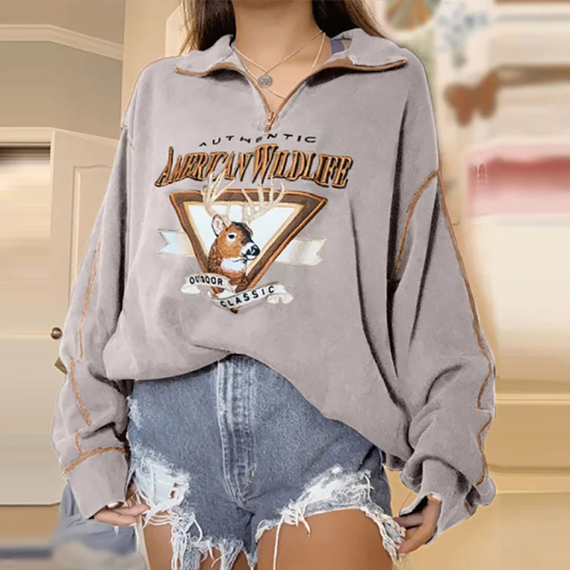 

Letter Animal Print Hoodies For Women 2021 Autumn Turn-down Collar Zipper Streenwear Female Pullover Korean Long Sleeve Tops