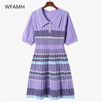 2021 summer new plus size fashionable womens polo collar short sleeve temperament sweet style printed thread thin knit dress