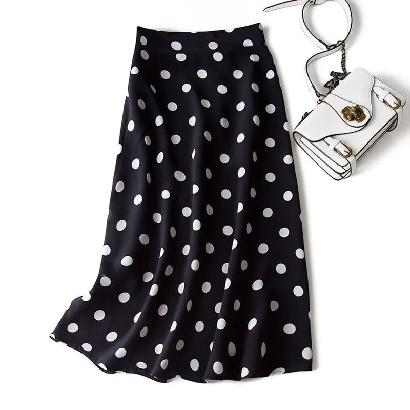 

Fresh French Silk Polka Dot A- line Dress Ol Fan Medium-Length Dress Skirt 2020 Fashion New Style