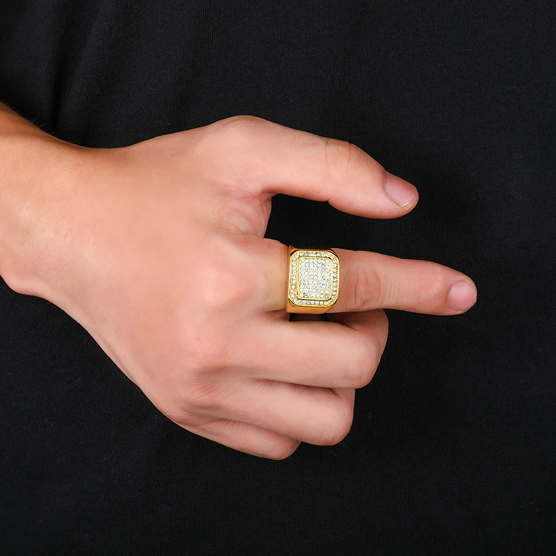

HIP Hop Micro Pave Rhinestone Iced Out Bling Square Signets Ring IP Gold Filled Stainless Steel Rings for Men Jewelry