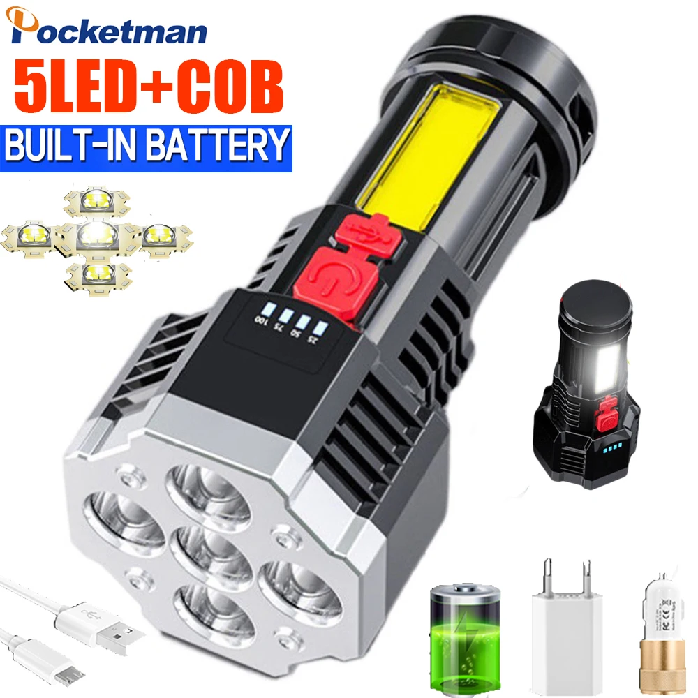 

5 LED Flashlight Long Range 4 Switch Mode Rechargeable Torch Camping Lantern Patrol Tactical Flashlight Bulit-in battery