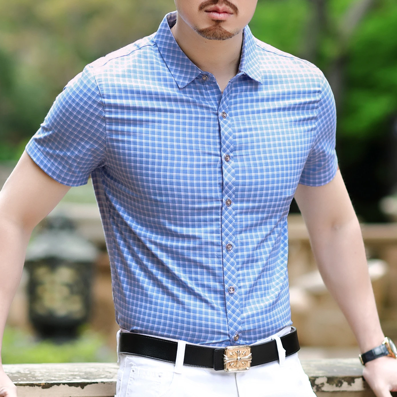 Plaid Shirt Men Short Sleeve Camisa Flores Hombre Casual Male Man Shirts 2020 Summer High Quality Fashion Dress | Мужская одежда