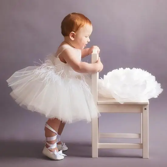 Cute Baby Girls Dresses White Tulle Feather Infant Girl 1 Year Birthday Dress Kid Toddler Christening Dress enlarge