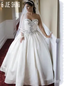 Роскошное Белое Атласное Бальное Платье E JUE SHUNG, свадебные платья с вырезом сердечком, свадебные платья со шнуровкой на спине с кристаллами, свадебное платье