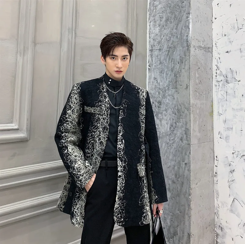 

Men Pattern Vintage Print Fashion Slim Fit Long Blazer Jacket Male Hip Hop Dancer Singer DJ Suit Coat Outerwear Stage Clothes
