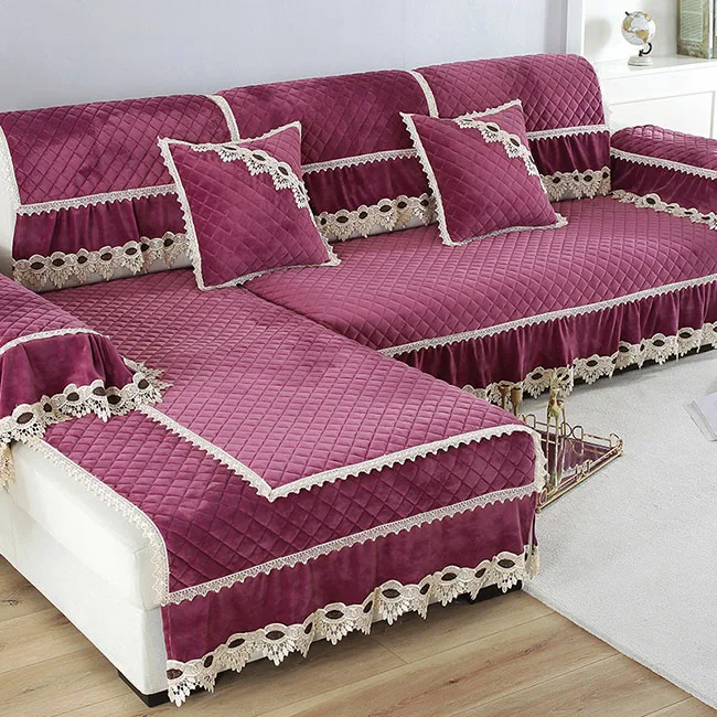 purple-1 piece Европейские Роскошные Чехлы для диванов для гостиной, секционный плюшевый чехол, Кружевной декор, угловой чехол для дивана, полотенце, защитная мебель для дома - Цвет: purple-1 piece