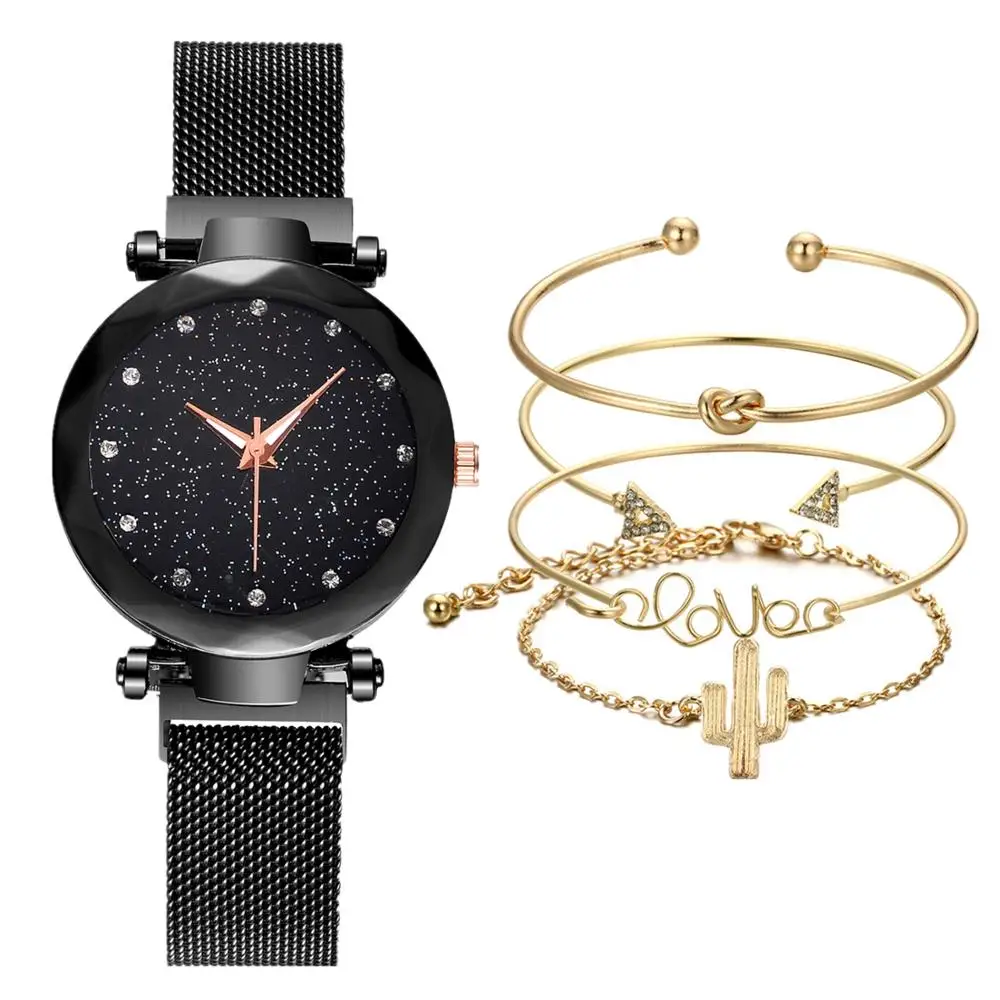 5pc/set Luxury Women Watches Ladies Magnet Starry Sky Clock Fashion Diamond Female Quartz Wristwatch with Bangle zegarek damski | Наручные