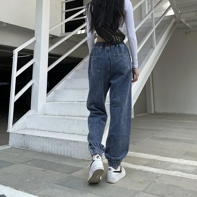 

FNOCE 2021 new spring women's jeans pants fashion youth trends streetwear solid Elastic Waist loose Tie feet Ankle-Length Pants