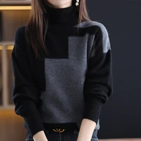 womens round neck pullover color blocking sweater 21 new korean style long sleeved loose fashion wild knitted pure wool sweater
