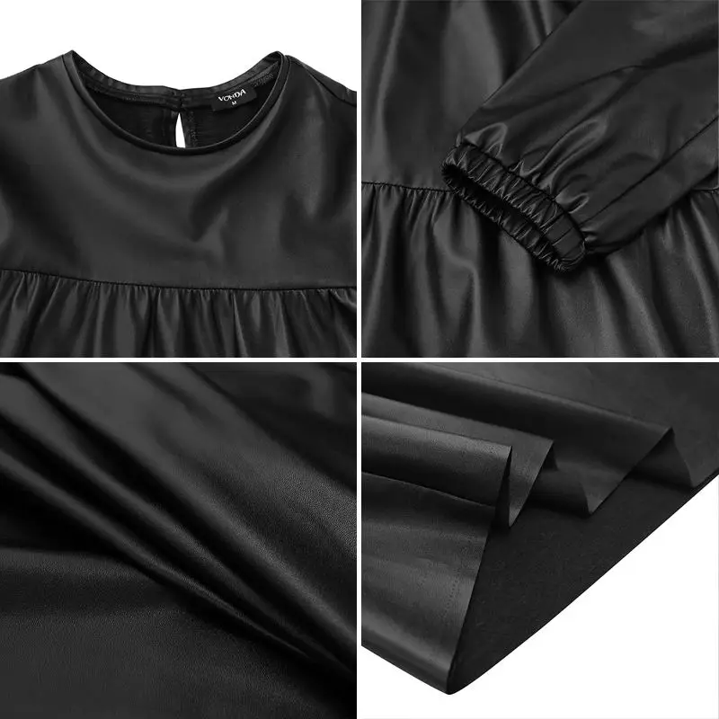 

Women Elegant Mini Dress VONDA 2021 Ladies Office Sundress Sexy Party Vestidos Round Neck Pleated Holiday Dresses Plus Size