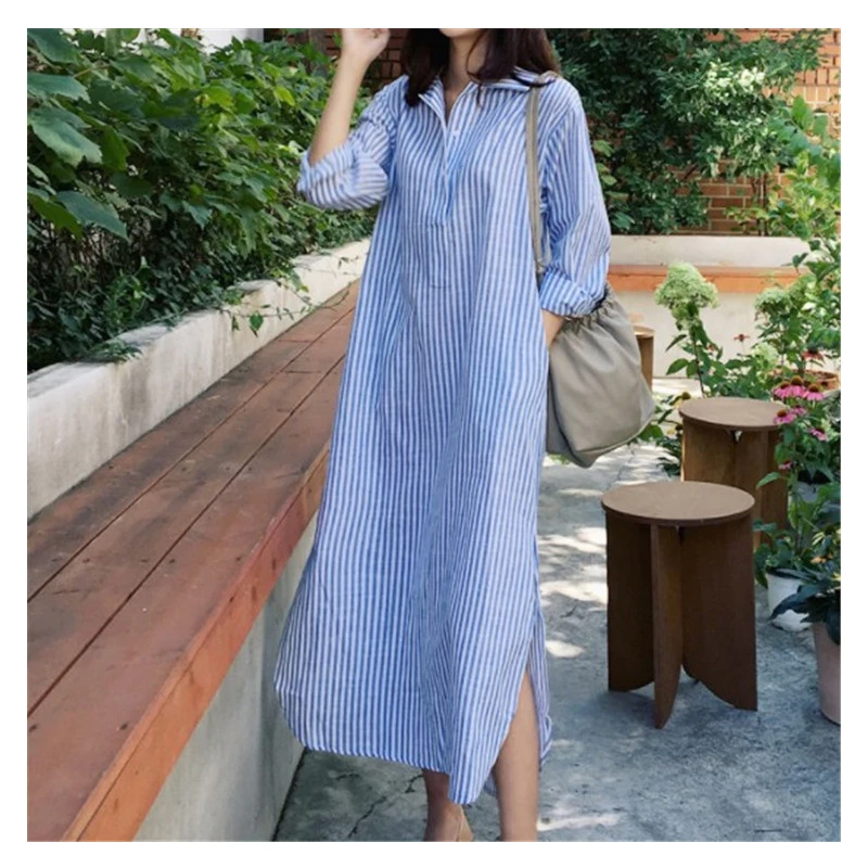 

Dress with Belt Turn-Down Collar Long Sleeve Casual Blue Vestidos Autumn Stripes Party Long Dresses Vestidos Mujer Verano 2021