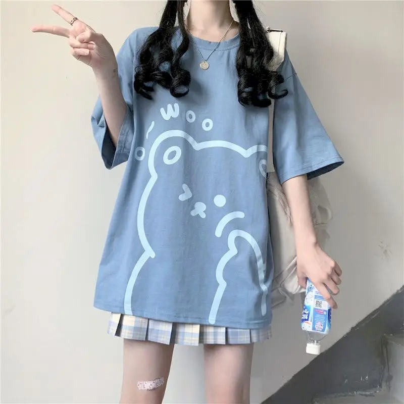 

Harajuku T-shirt Cotton Short-sleeved Women Kawaii Cartoon Print Summer Loose T-shirts Goth Hip-hop Oversized O-neck Tshirt