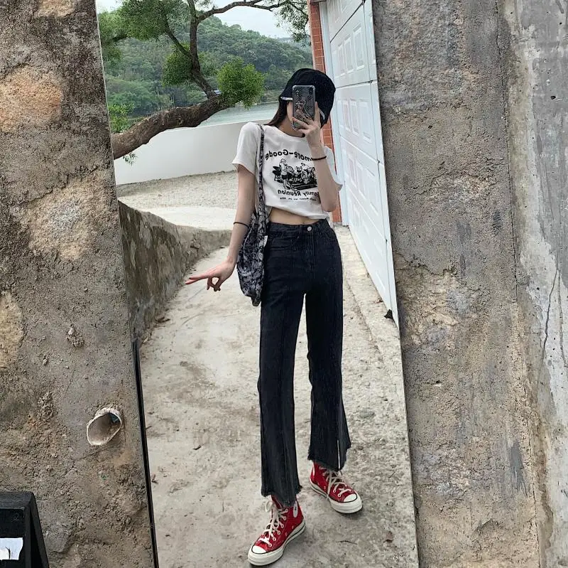 

YTX783 Women's straight slim-fit summer 2021 new design split micro flared jeans