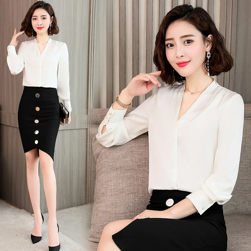 

New 2020 Women Pure Silk Blouse Lady Elegant V-Neck 100% Silk Tops Long Sleeve Silk Clothes